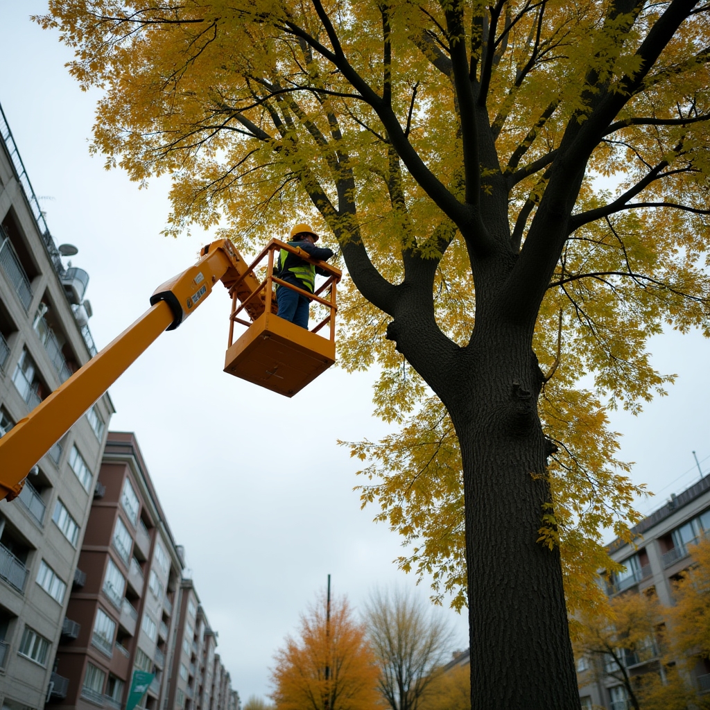 Автовышка при работе с высоким деревом