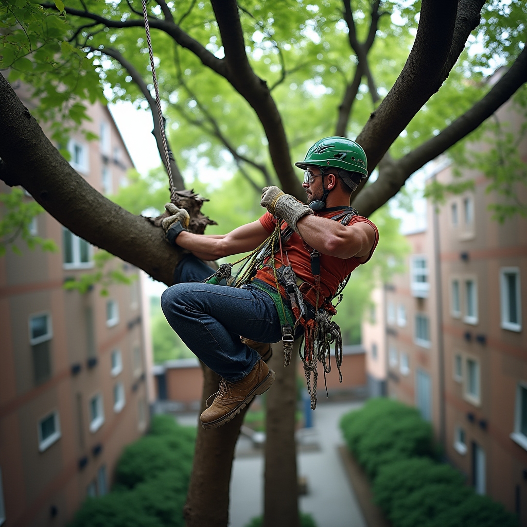 Арборист на верёвочном снаряжении при спиле дерева