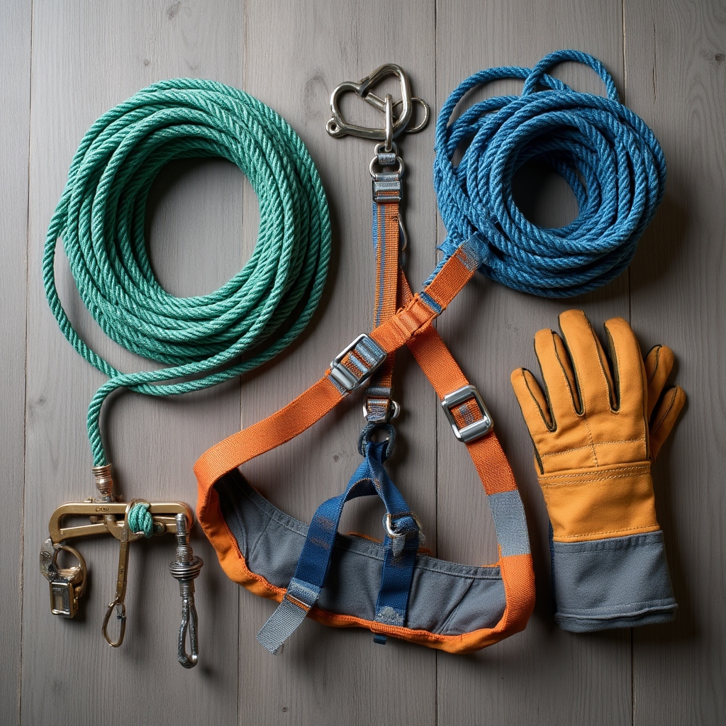 Альпинистское снаряжение арбориста крупным планом