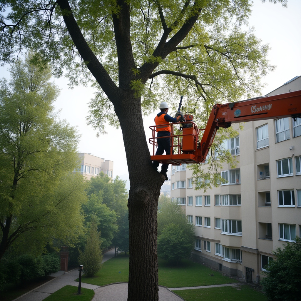 Обрезка деревьев в Алматы с автовышки